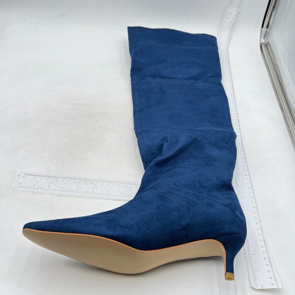Navy Women Square Toe Knee High Boot Slip On Kitten Low Heel Elegant Winter Shoe - Picture 3 of 8